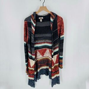 Mudd Womens M Southwest Boho Striped Open Front Hooded Cardigan Sweater Knit
